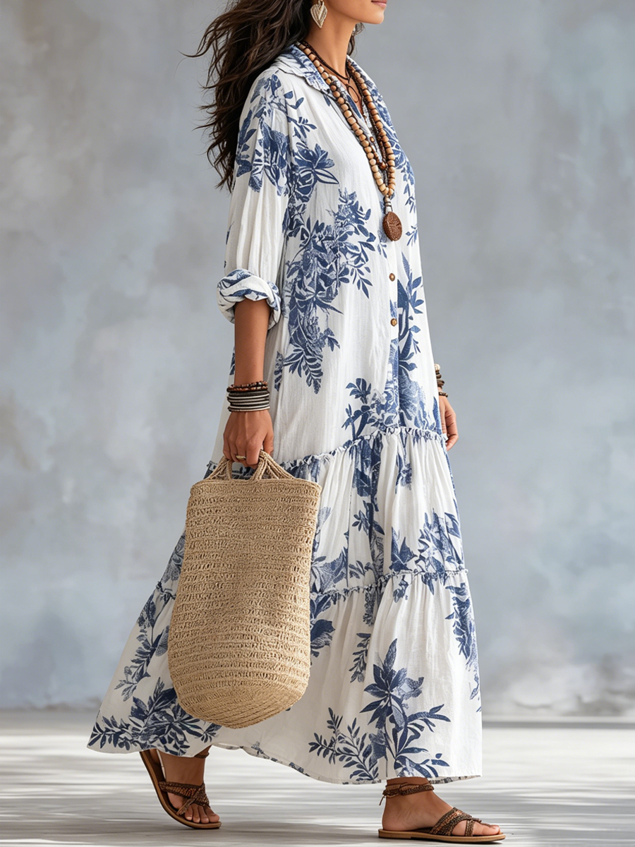 Vestido Maxi Camisero con Estampado Floral Azul y Blanco - Estilo Boho Chic
