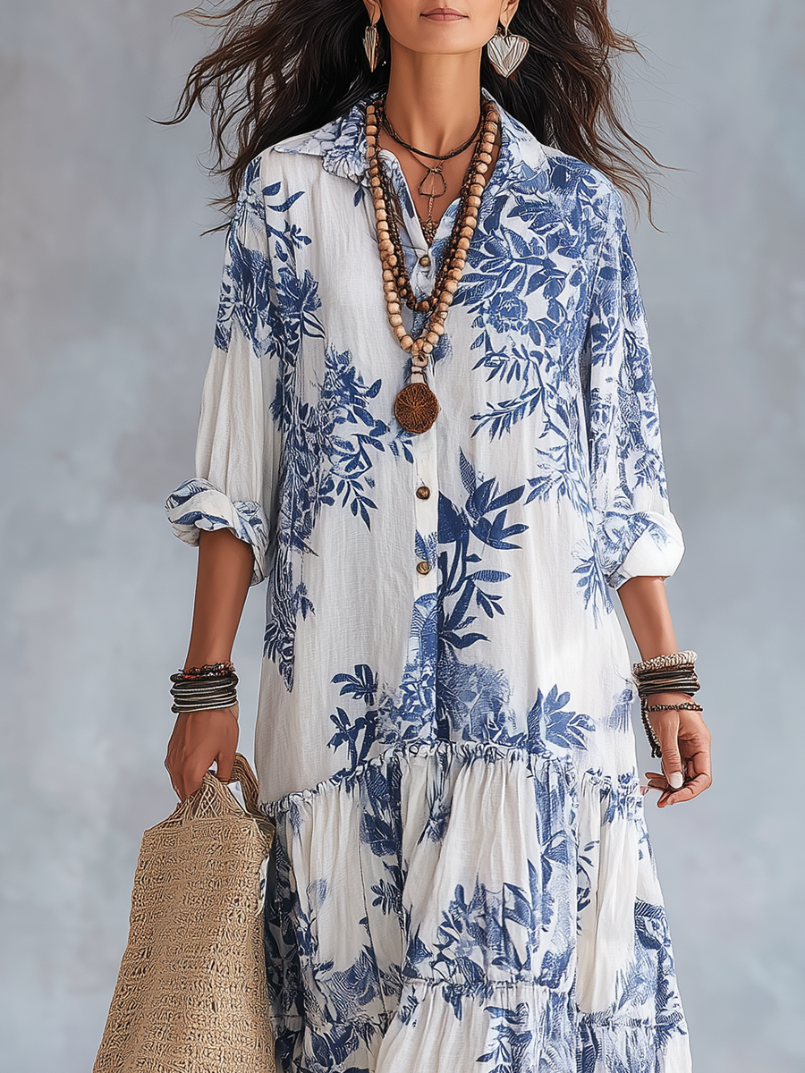 Vestido Maxi Camisero con Estampado Floral Azul y Blanco - Estilo Boho Chic