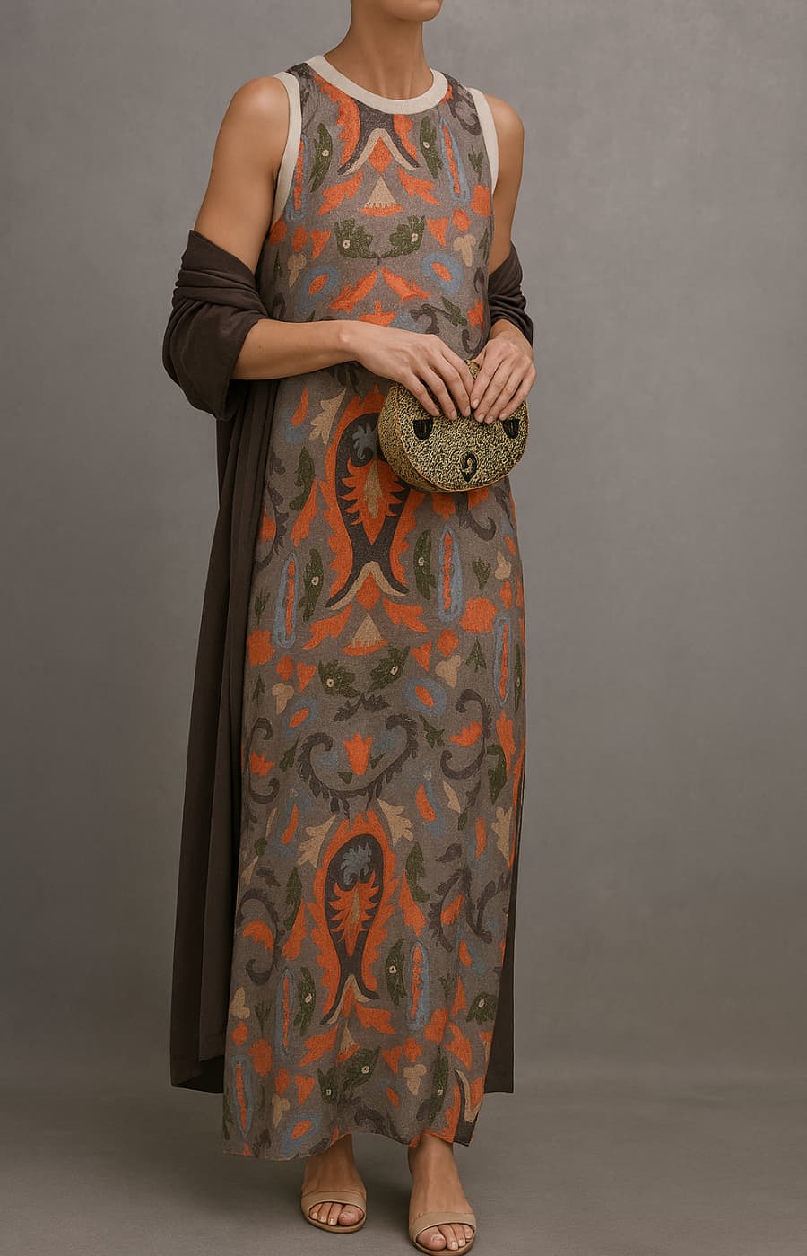 Elisa | Ensemble robe longue imprimée avec gilet assorti