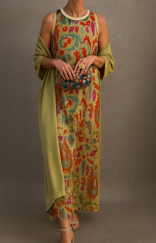 Elisa | Ensemble robe longue imprimée avec gilet assorti