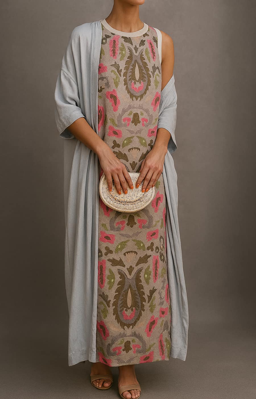 Elisa | Ensemble robe longue imprimée avec gilet assorti