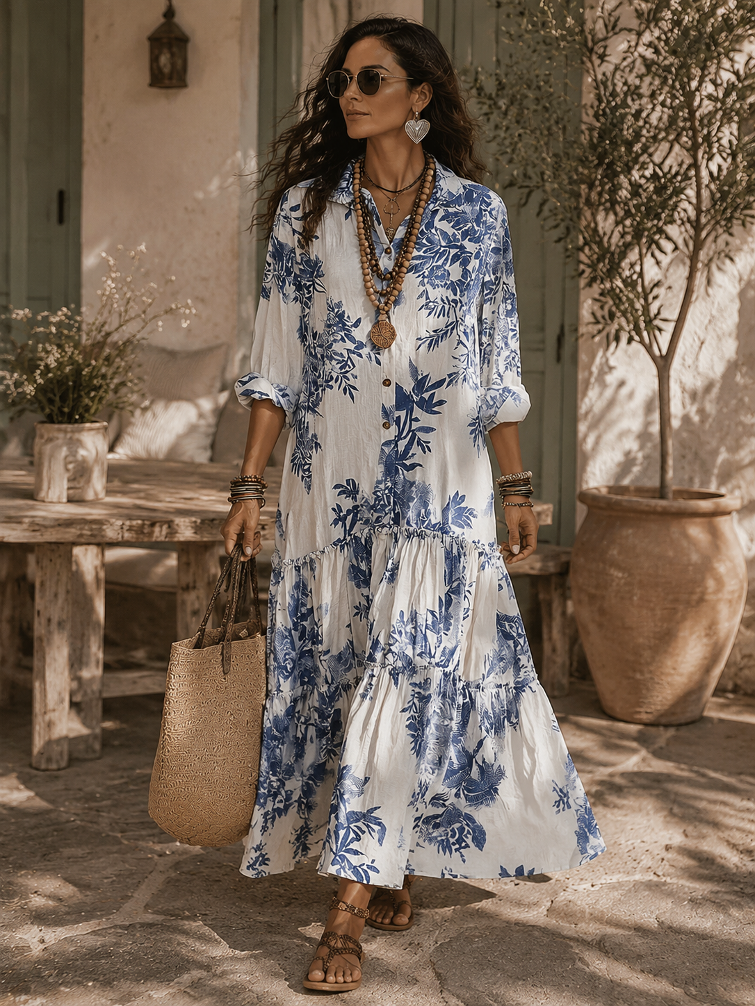 Vestido Maxi Camisero con Estampado Floral Azul y Blanco - Estilo Boho Chic