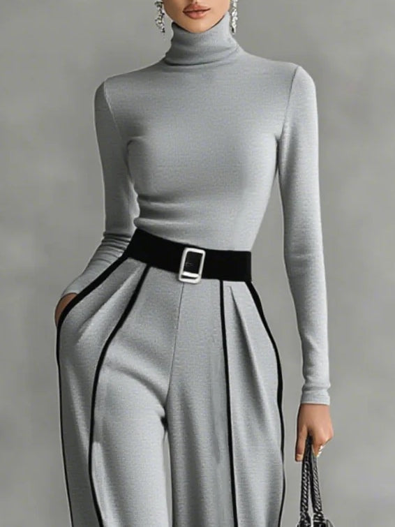 Conjunto de top de cuello alto con mangas largas y pantalones anchos con cinturón