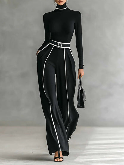 Conjunto de top de cuello alto con mangas largas y pantalones anchos con cinturón