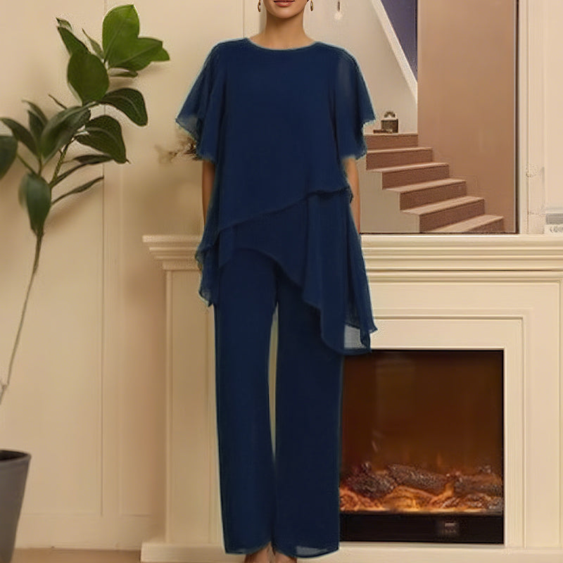 Encantador conjunto de top irregular y pantalones de pierna ancha